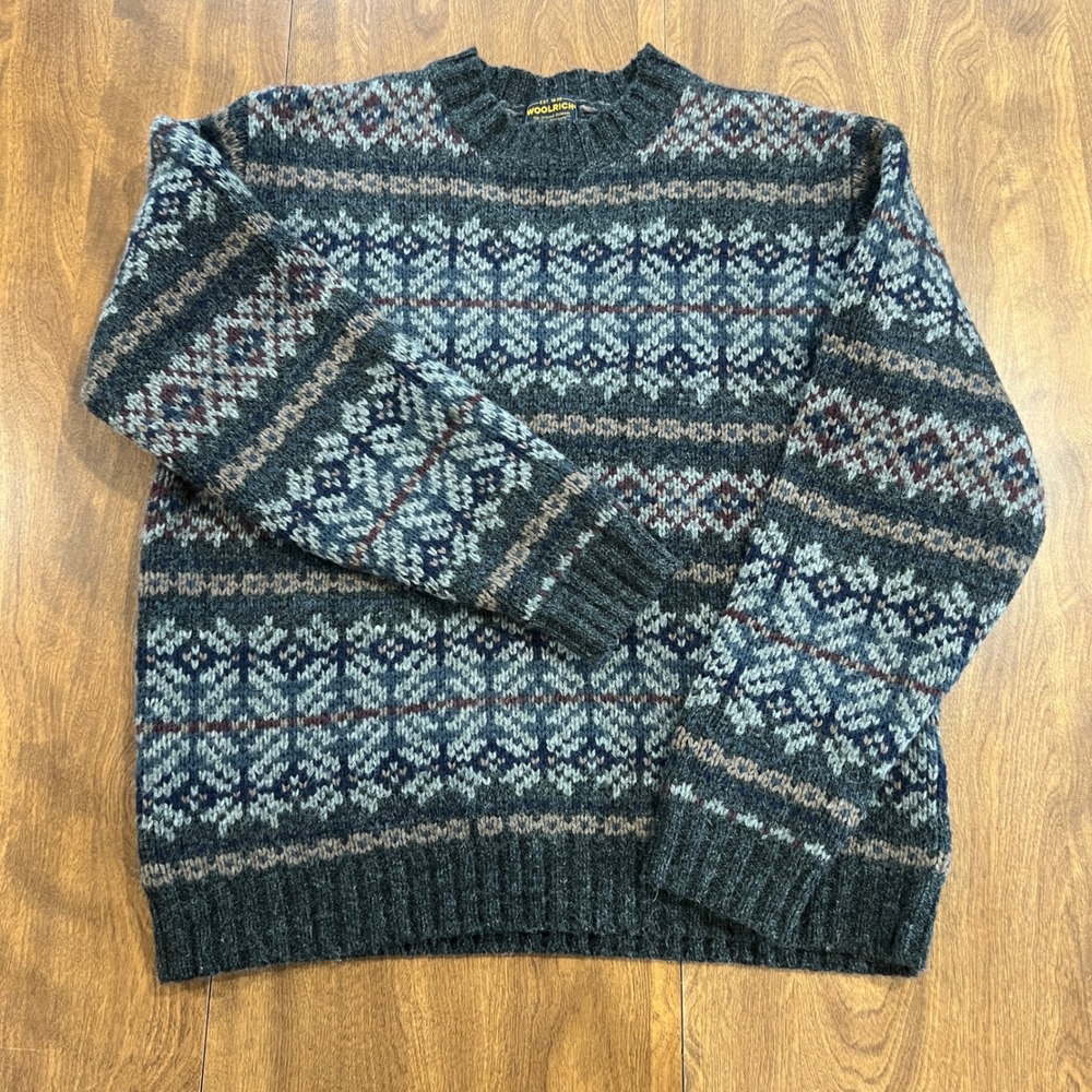 Woolrich Vintage Mens Fair Isle Crewneck Sweater Grey Blue Wool Blend Size M